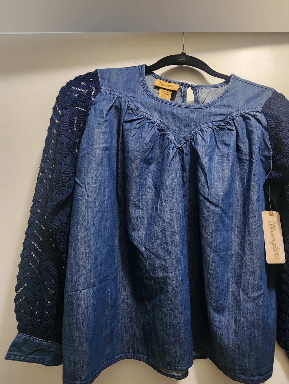 NWT Wrangler Indigo Denim Cowgirl Top Navy Lace Sleeves Girls XL or Womens S/XS